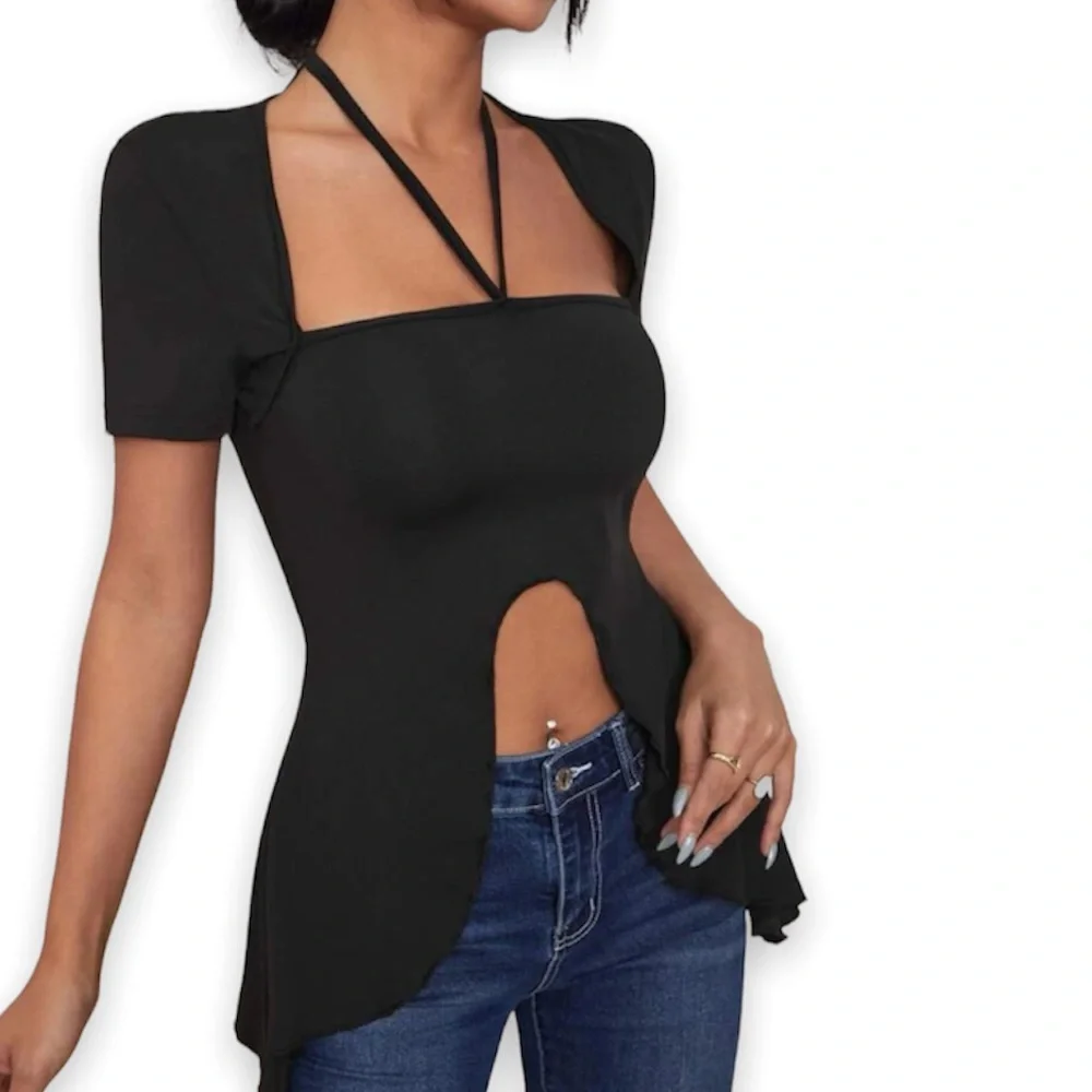 New Sexy Black Plain Asymmetrical Hem Tie Back Halter Short Sleeve Top - Picture 12 of 13